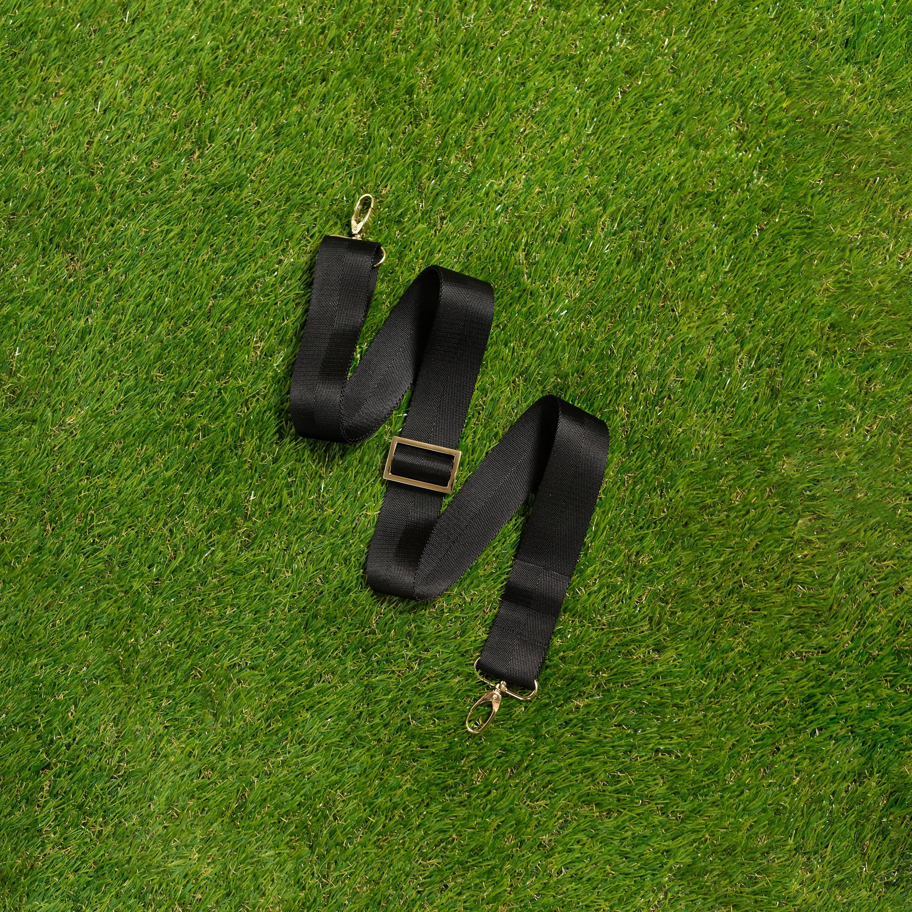 Skyler Blue’s adjustable, nylon webbing black shoulder or crossbody strap with herringbone weave and gold hardware.