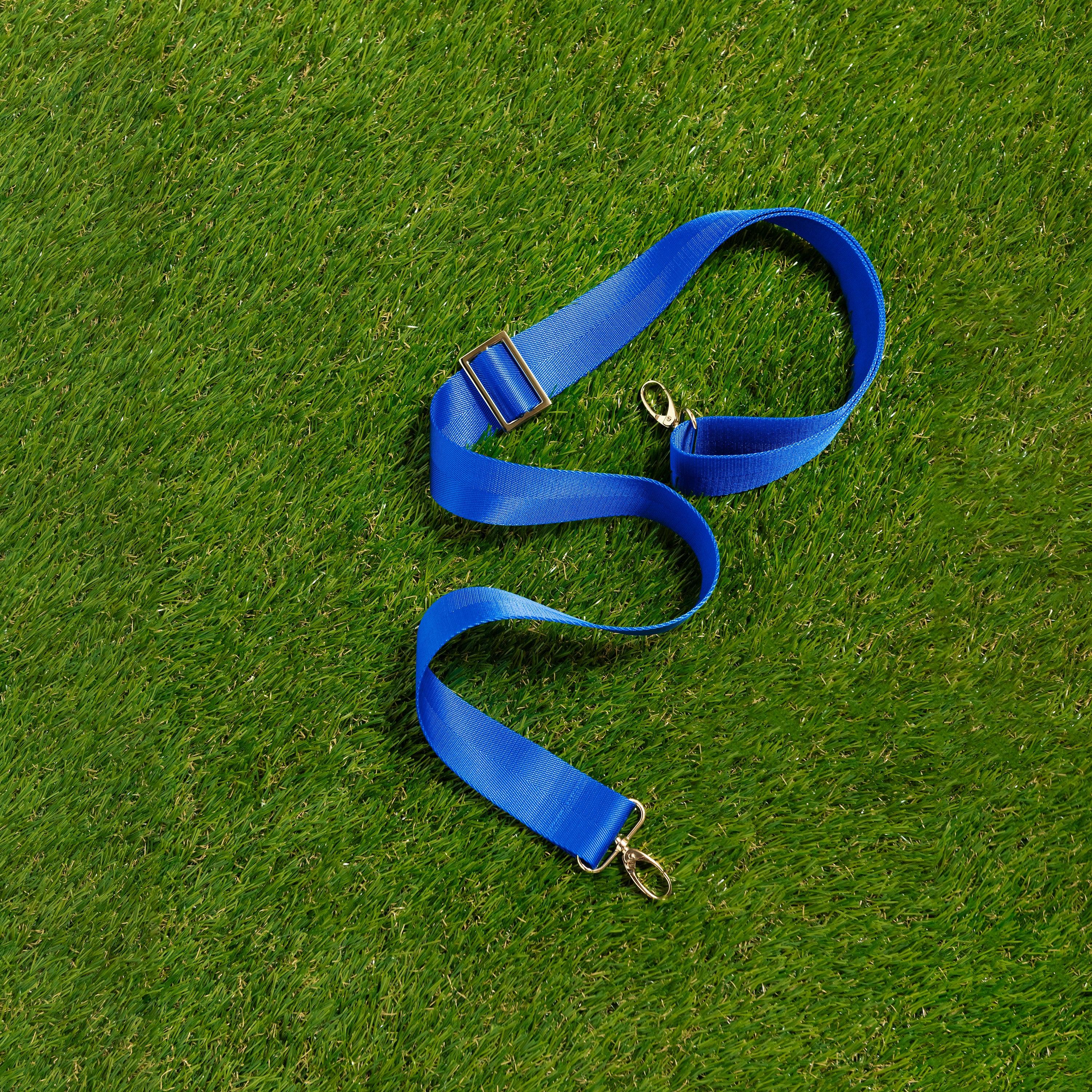 Skyler Blue’s adjustable, nylon webbing royal blue shoulder or crossbody strap with herringbone weave and gold hardware.