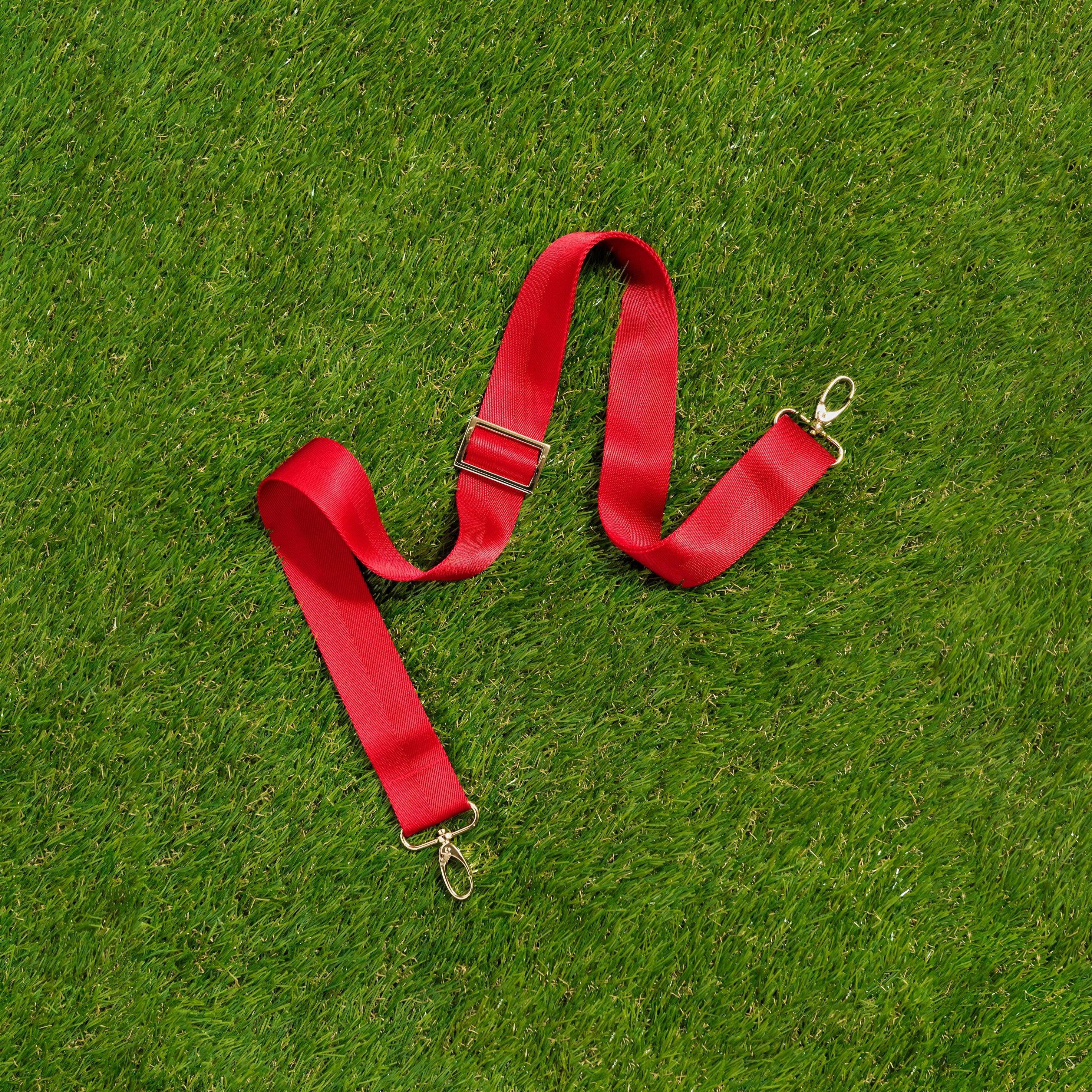 Skyler Blue’s adjustable, nylon webbing red shoulder or crossbody strap with herringbone weave and gold hardware.