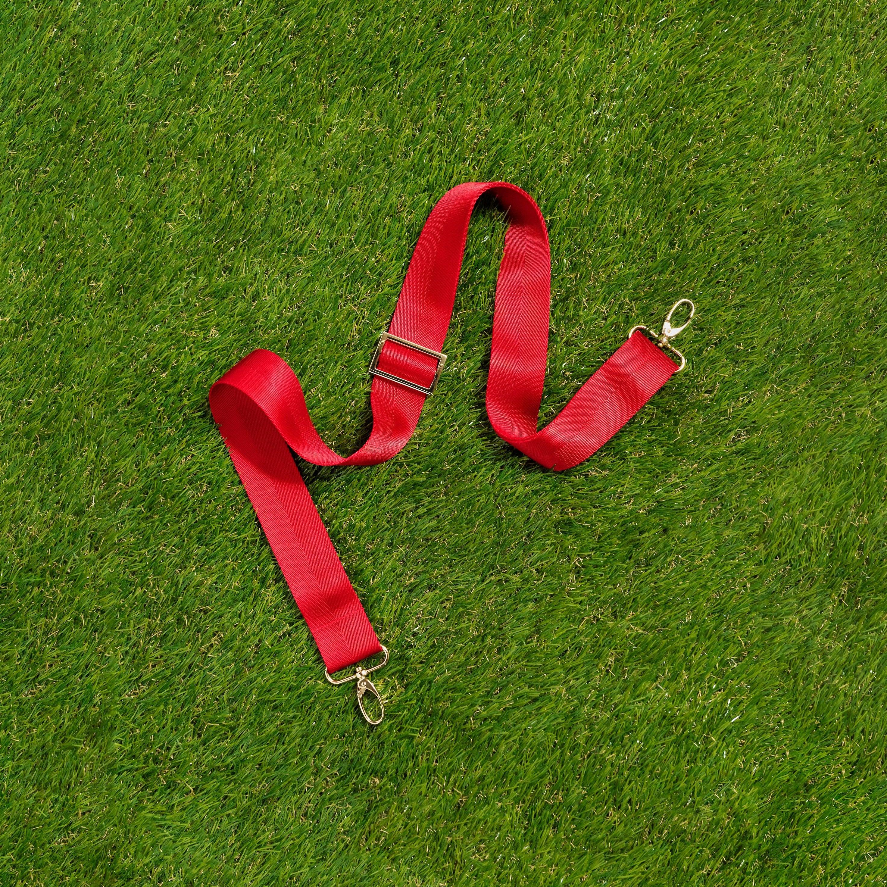 Skyler Blue’s adjustable, nylon webbing scarlet red shoulder or crossbody strap with herringbone weave and gold hardware.