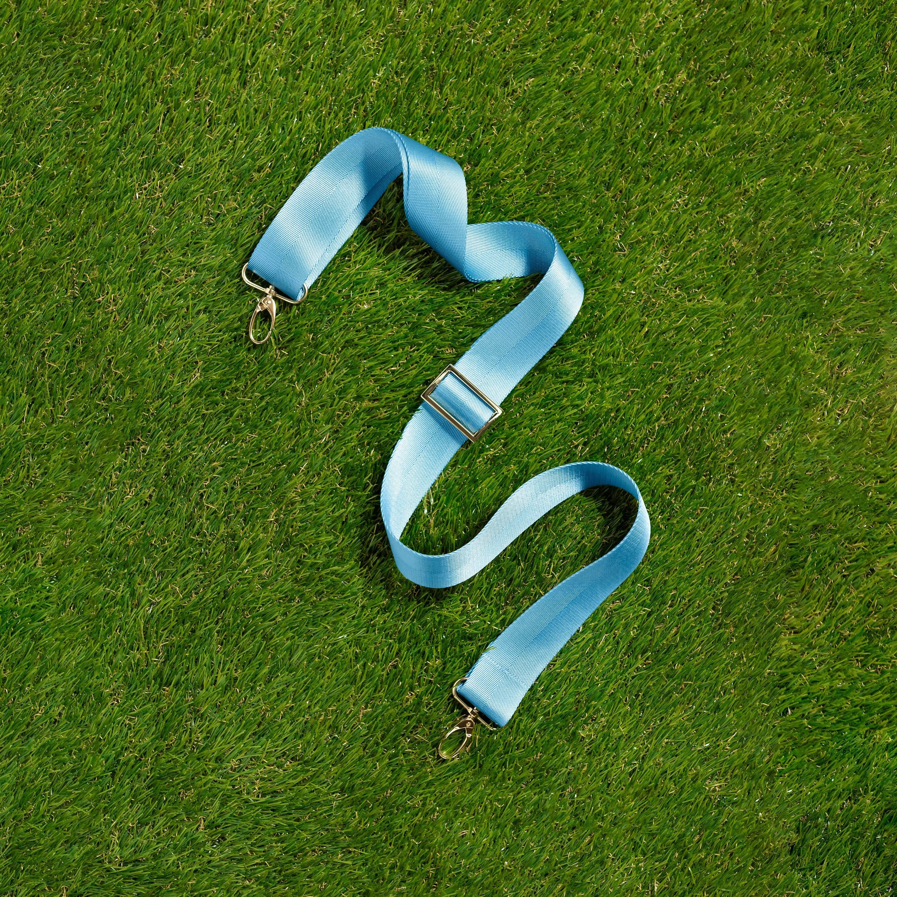Skyler Blue’s adjustable, nylon webbing powder blue fanny pack strap with herringbone weave and gold hardware.