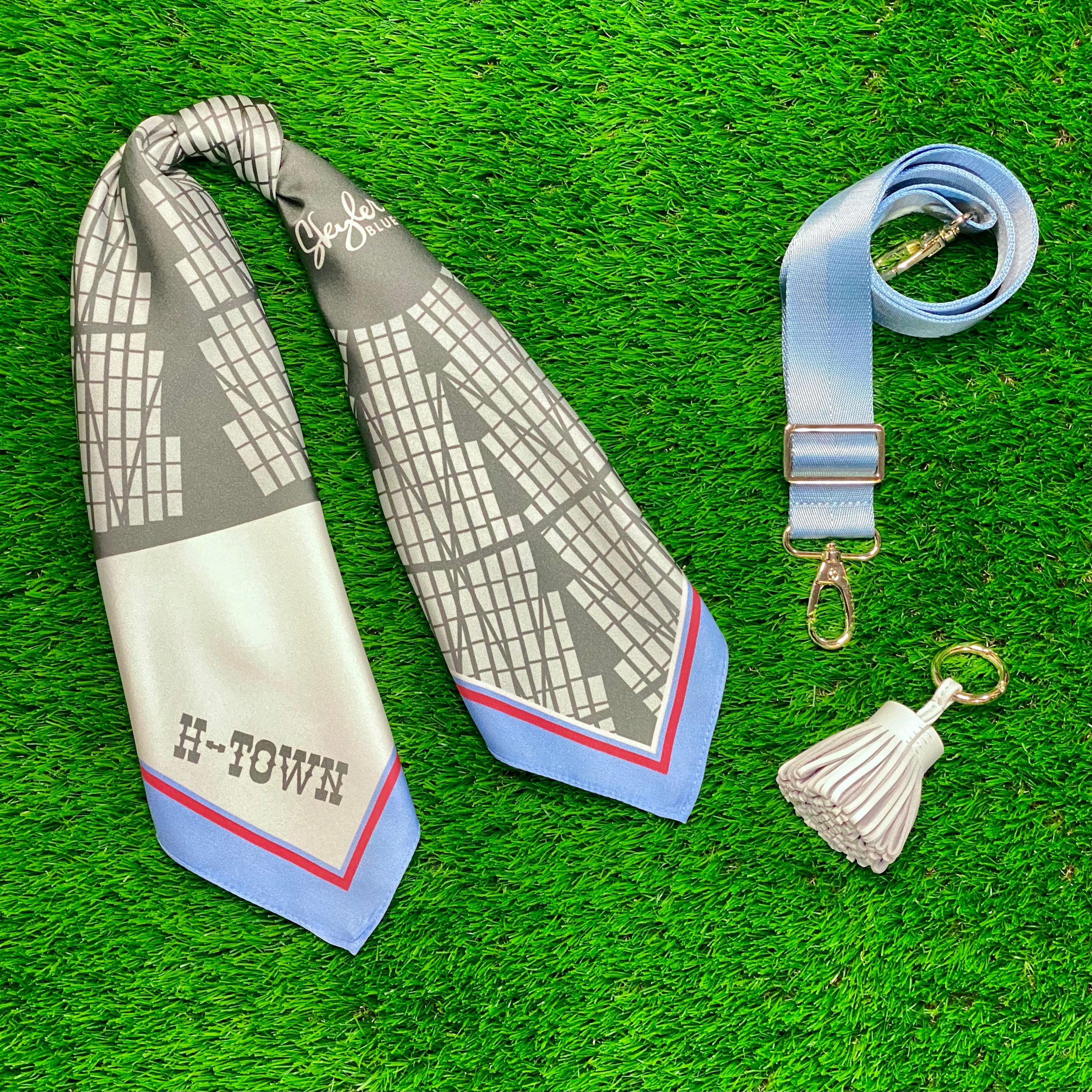 Skyler Blue’s The Dome - H-Town Accessory Package including adjustable, nylon webbing shoulder or crossbody strap with herringbone weave and gold hardware, 60-centimeter 100% silk twill scarf, and 100% genuine leather tassel.