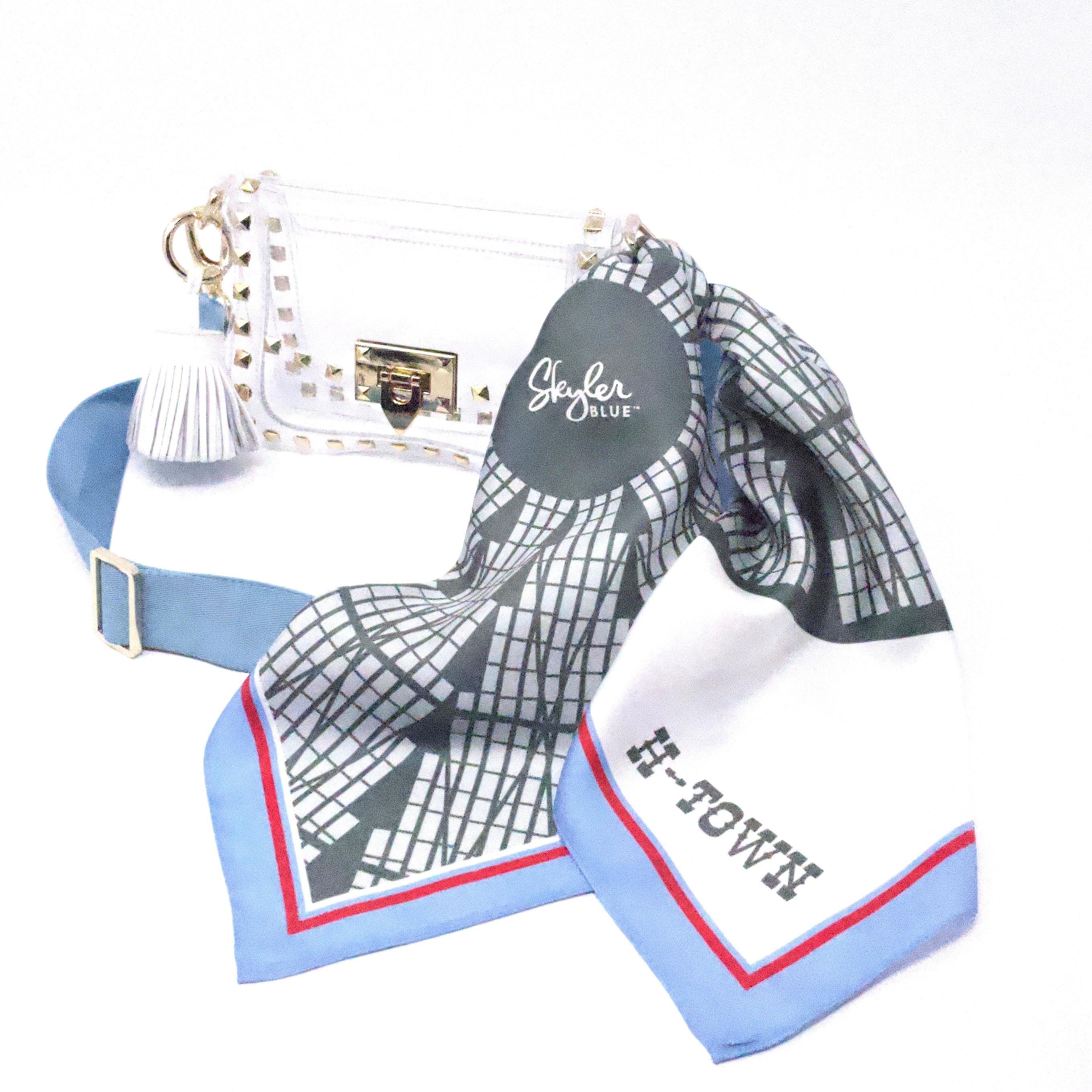Skyler Blue’s The Dome - H-Town Small Studded Clear Bag stadium approved clear bag / clear purse including adjustable, nylon webbing shoulder or crossbody strap with herringbone weave and gold hardware, 60-centimeter 100% silk twill scarf, and 100% genuine leather tassel.