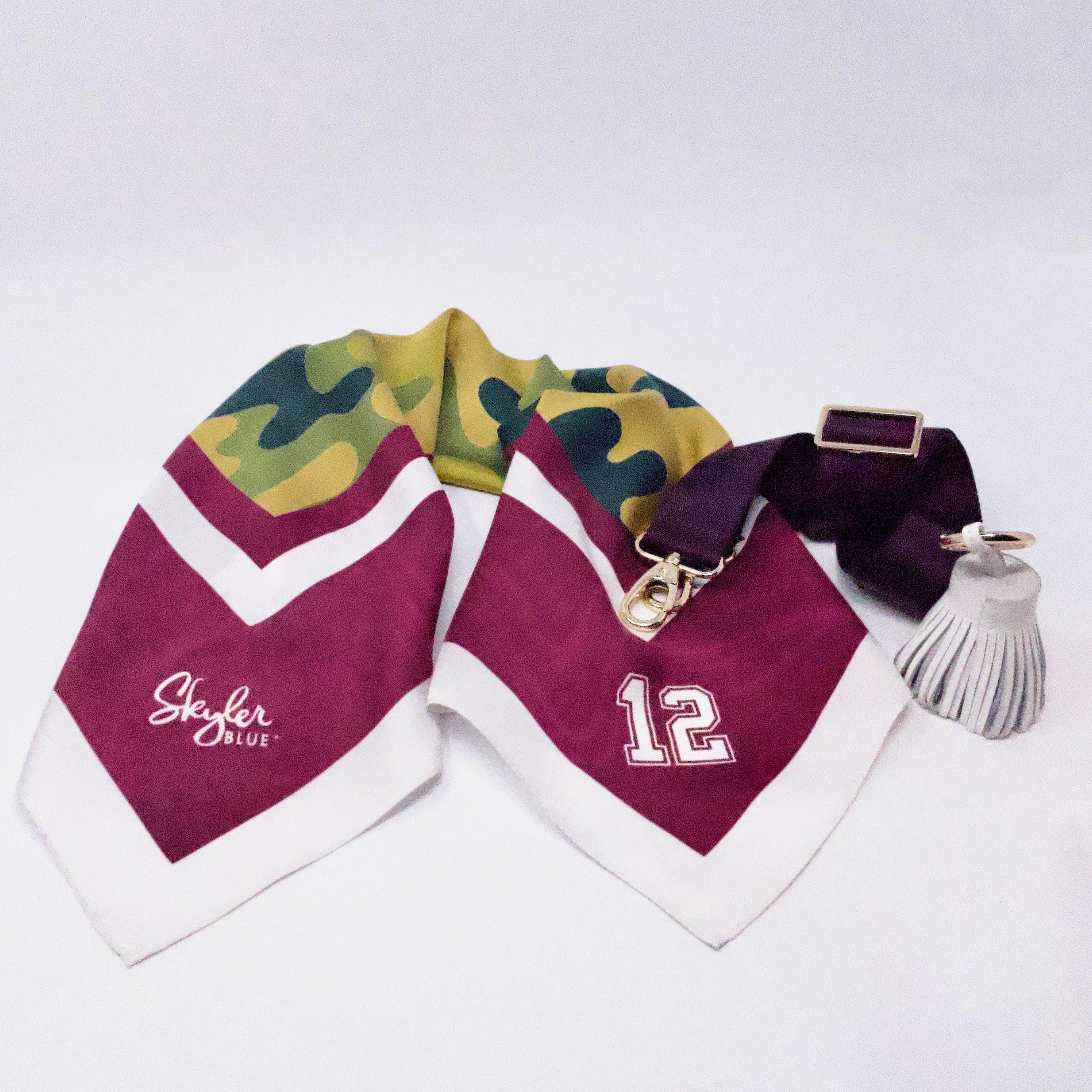 Skyler Blue’s The College Station Accessory Package including adjustable, nylon webbing shoulder or crossbody strap with herringbone weave and gold hardware, 60-centimeter 100% silk twill scarf, and 100% genuine leather tassel.