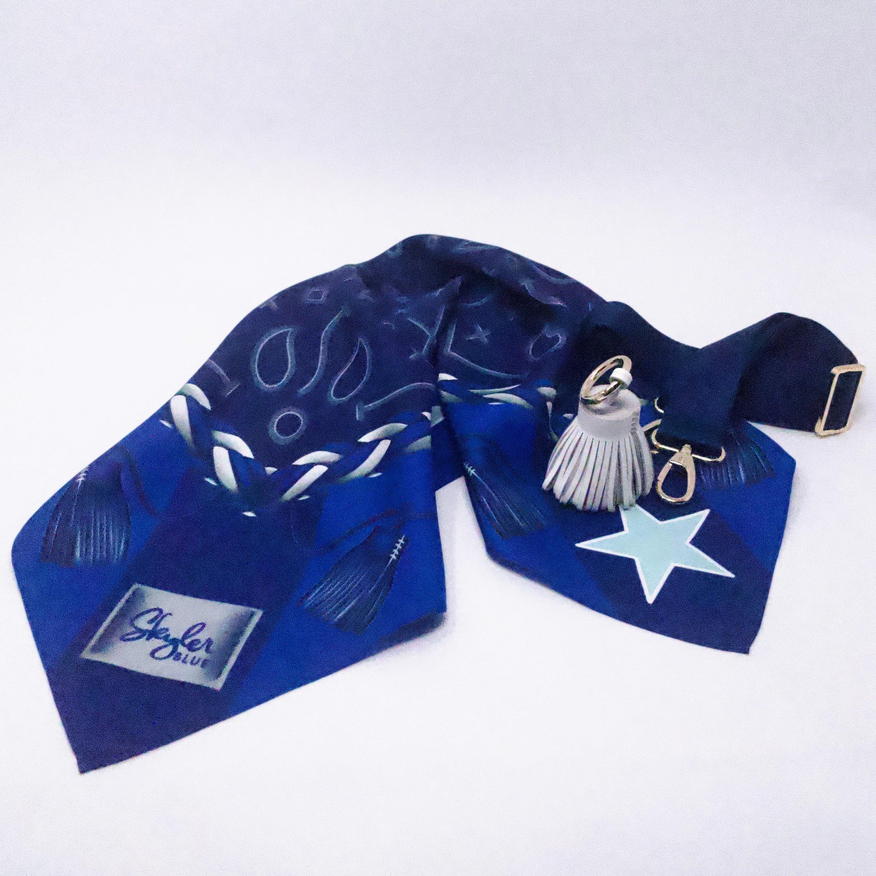 Skyler Blue’s The Dallas 001 Accessory Package including adjustable, nylon webbing shoulder or crossbody strap with herringbone weave and gold hardware, 60-centimeter 100% silk twill scarf, and 100% genuine leather tassel.