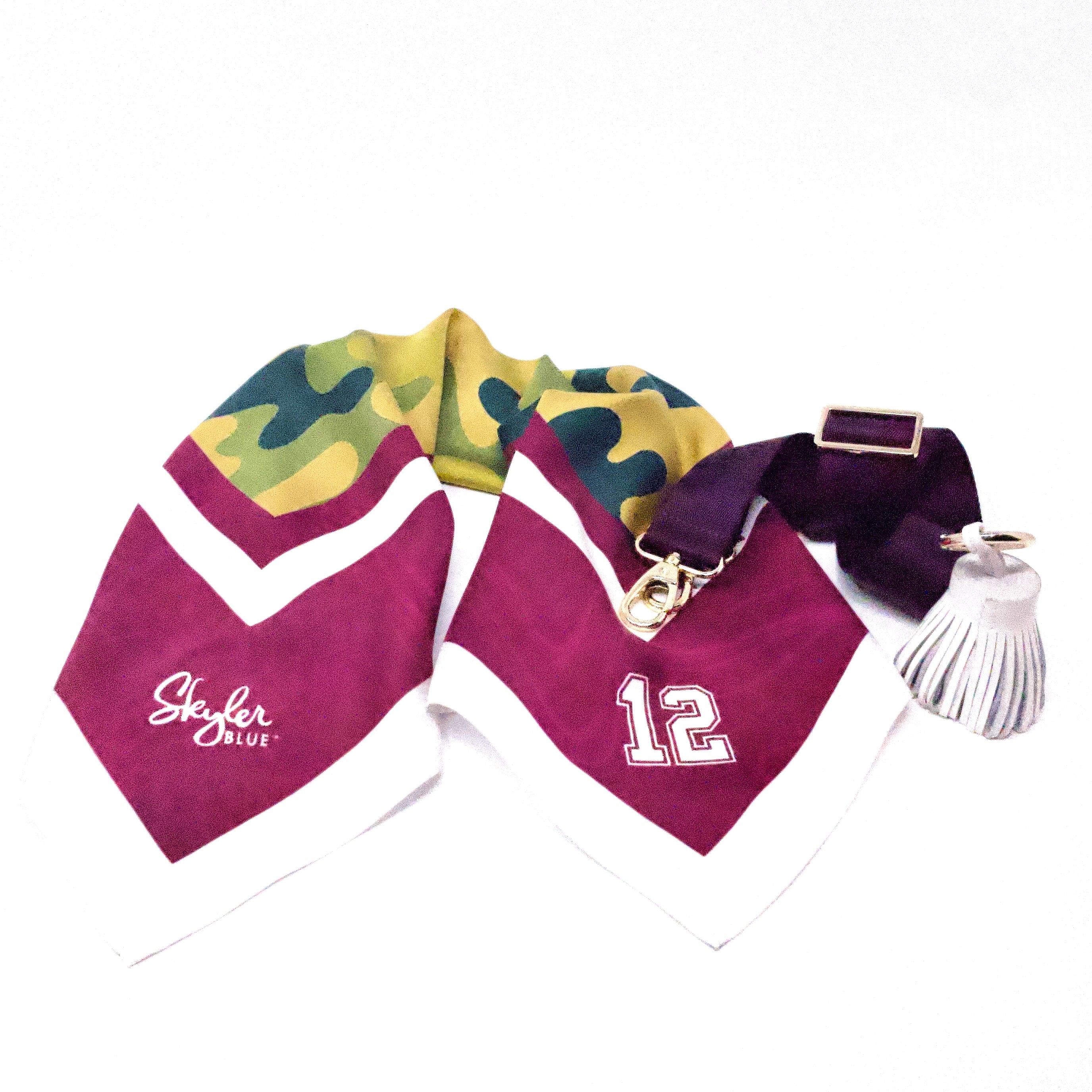 Skyler Blue’s The College Station Accessory Package including adjustable, nylon webbing shoulder or crossbody strap with herringbone weave and gold hardware, 60-centimeter 100% silk twill scarf, and 100% genuine leather tassel.