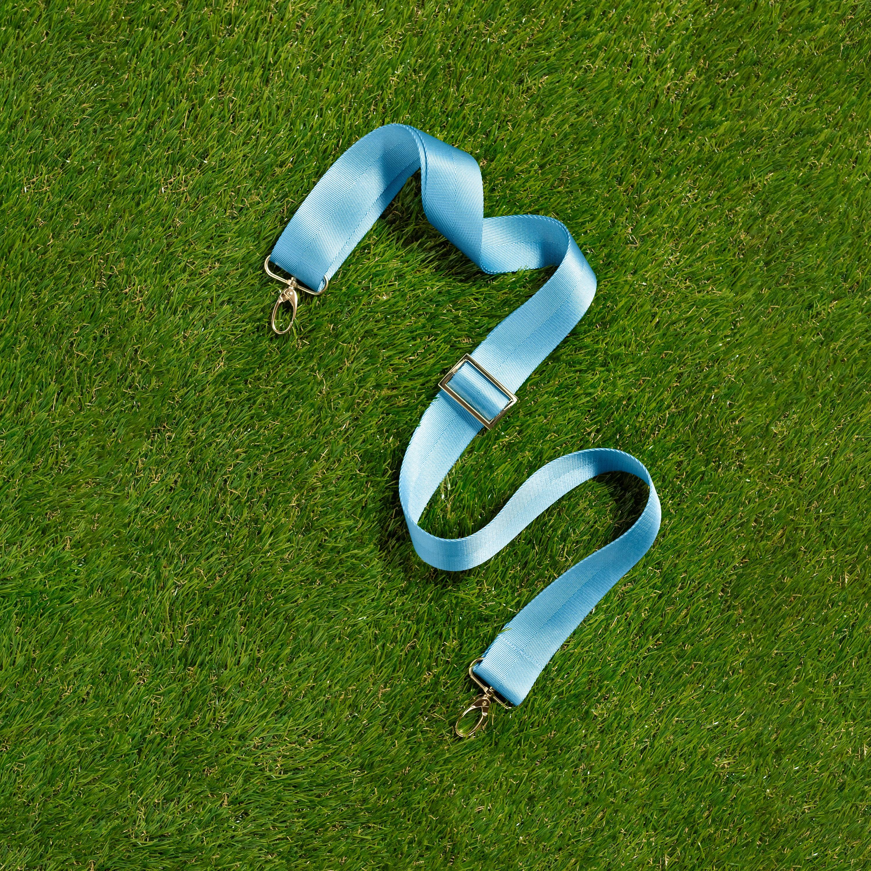 Skyler Blue’s adjustable, nylon webbing powder blue shoulder or crossbody strap with herringbone weave and gold hardware.