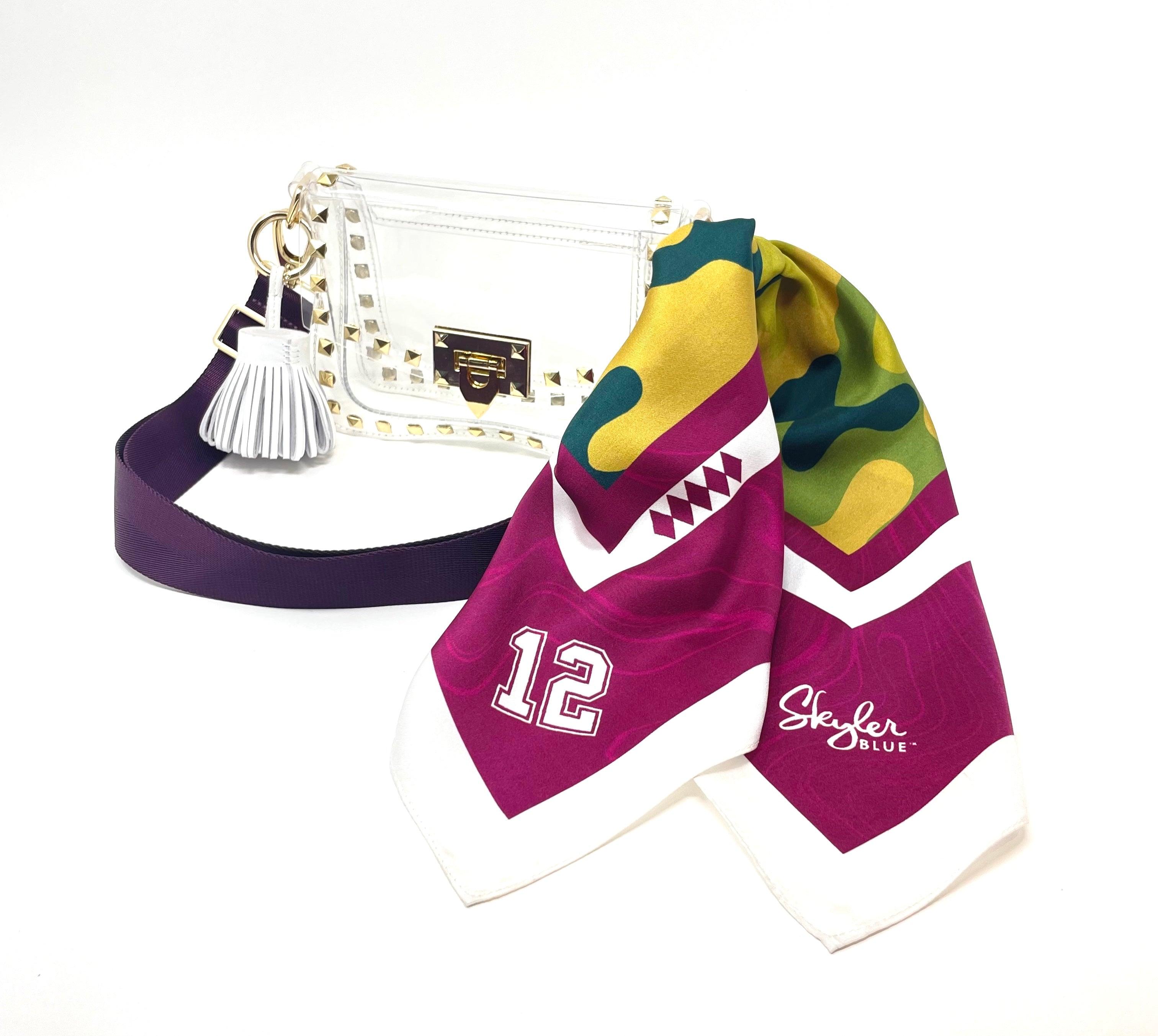 Skyler Blue’s The College Station Small Studded Clear Bag stadium approved clear bag / clear purse including adjustable, nylon webbing shoulder or crossbody strap with herringbone weave and gold hardware, 60-centimeter 100% silk twill scarf, and 100% genuine leather tassel.