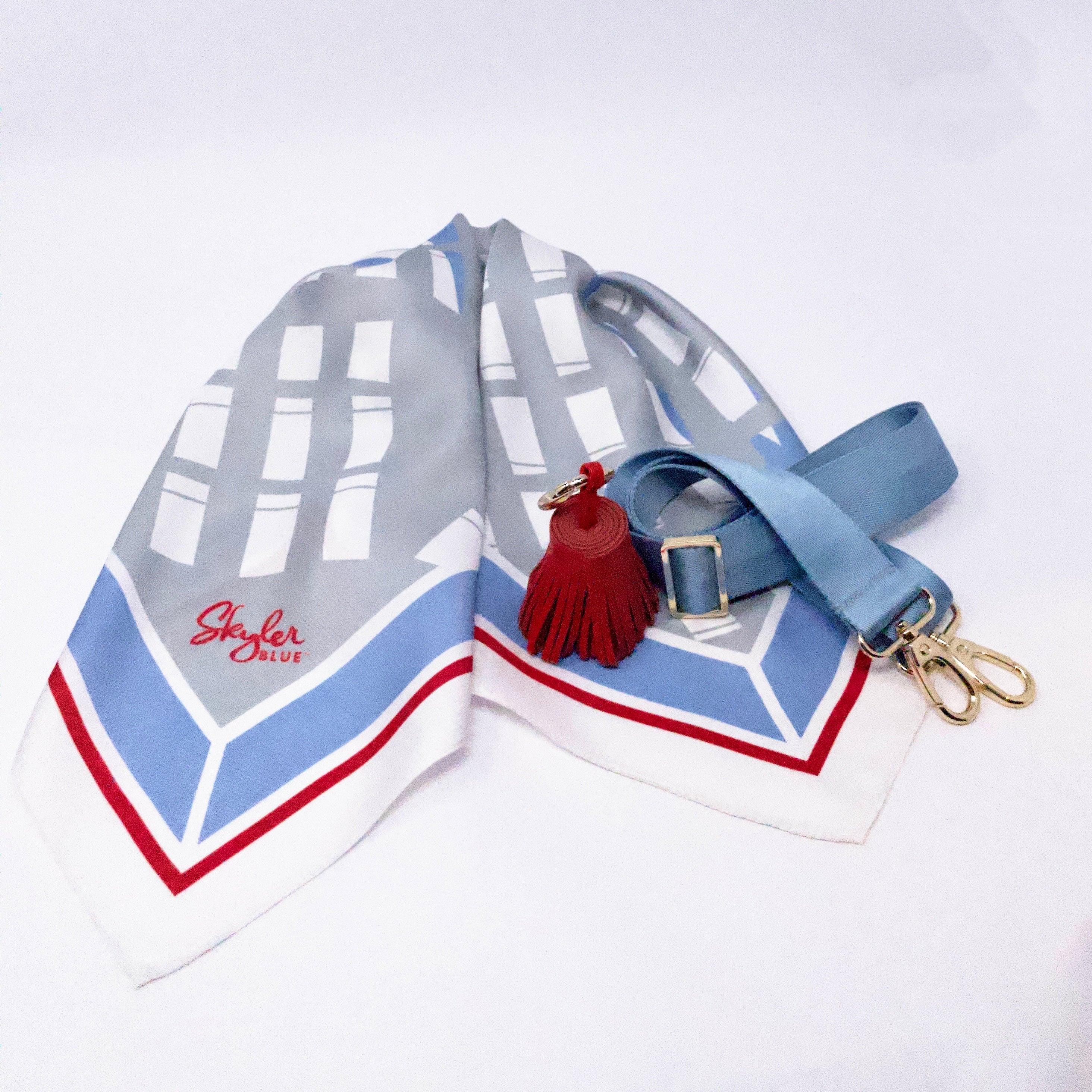 Skyler Blue’s The Dome - Luv Ya Accessory Package including adjustable, nylon webbing shoulder or crossbody strap with herringbone weave and gold hardware, 60-centimeter 100% silk twill scarf, and 100% genuine leather tassel.