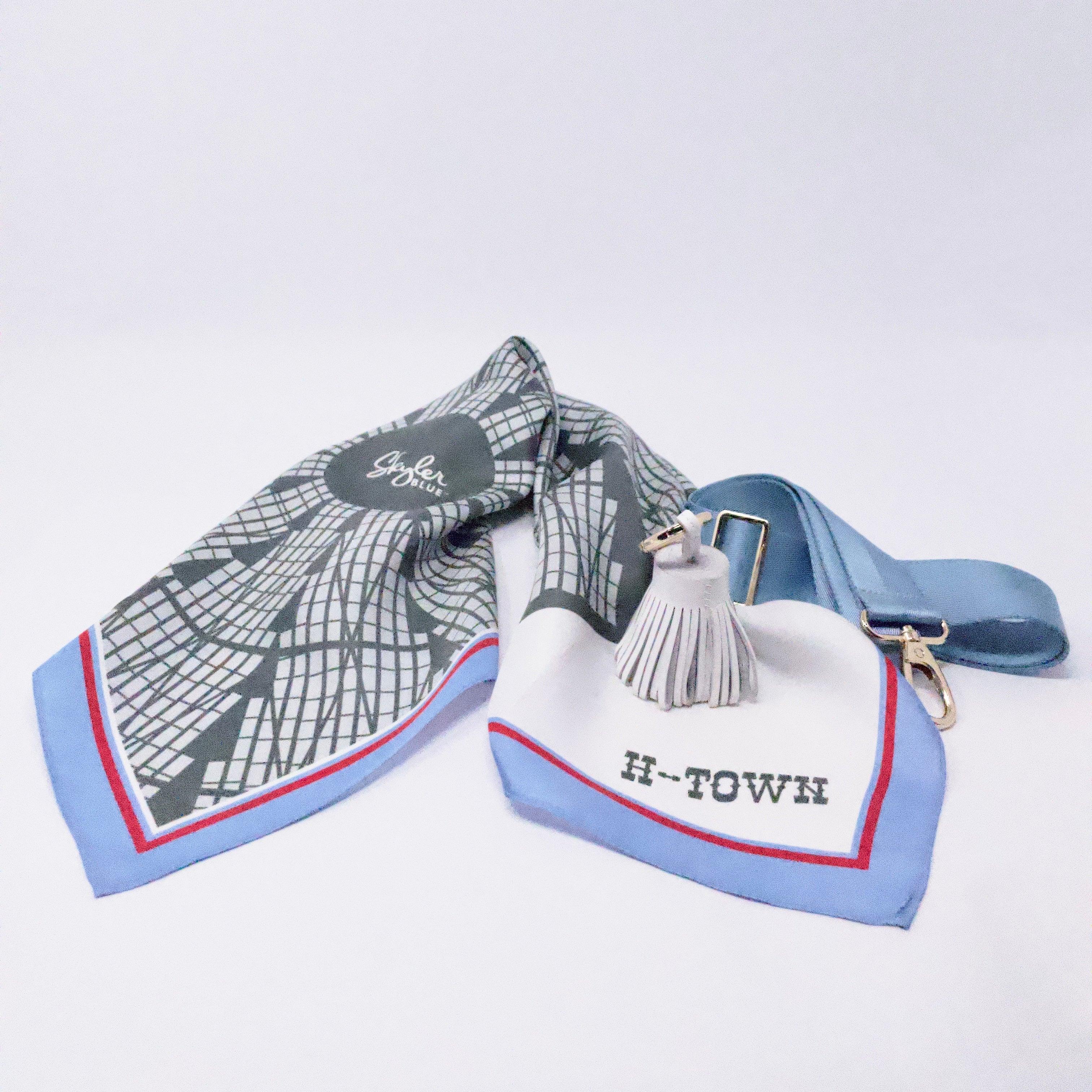 Skyler Blue’s The Dome - H-Town Accessory Package including adjustable, nylon webbing shoulder or crossbody strap with herringbone weave and gold hardware, 60-centimeter 100% silk twill scarf, and 100% genuine leather tassel.