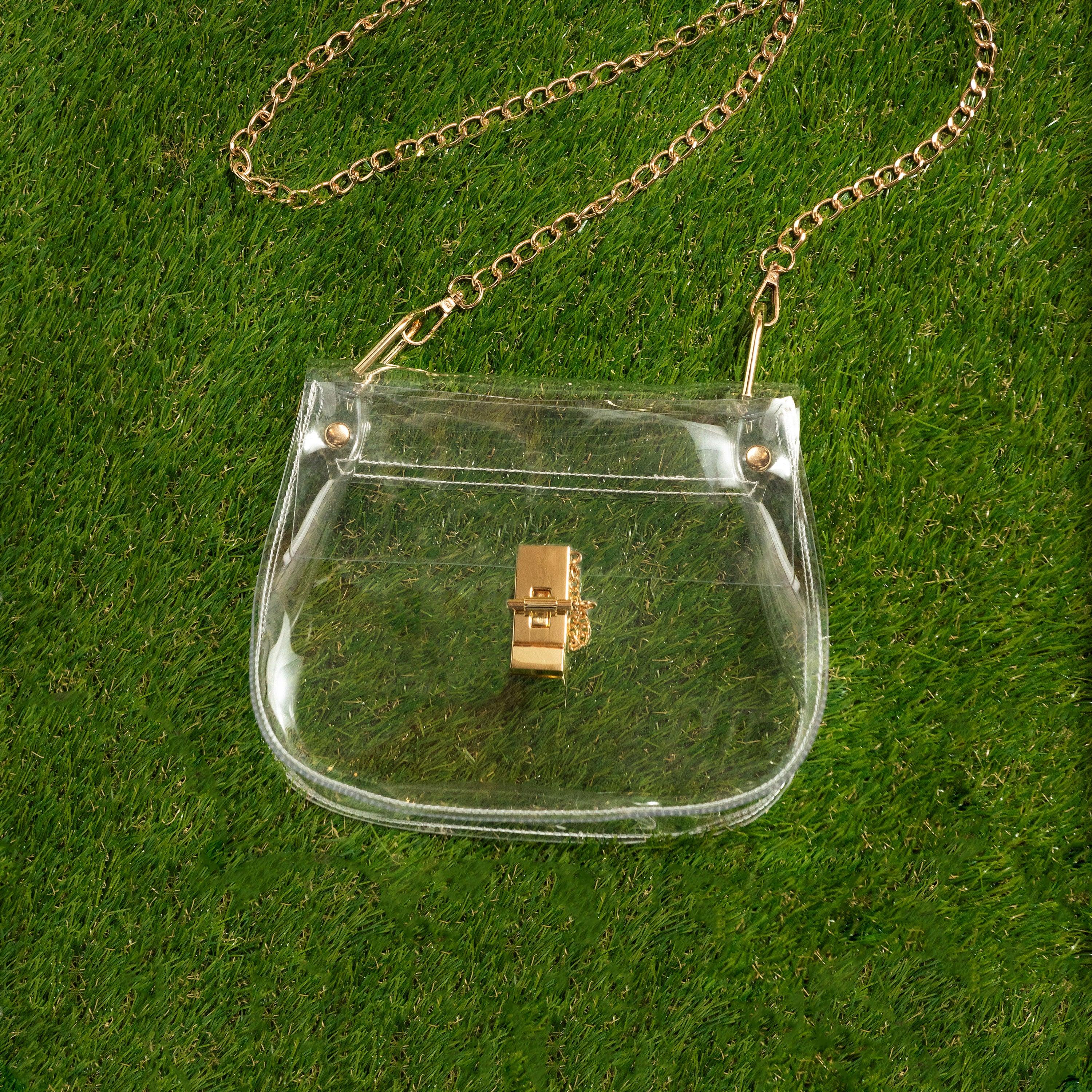 Skyler Blue’s Medium Saddle Clear Bag stadium approved clear bag / clear purse.