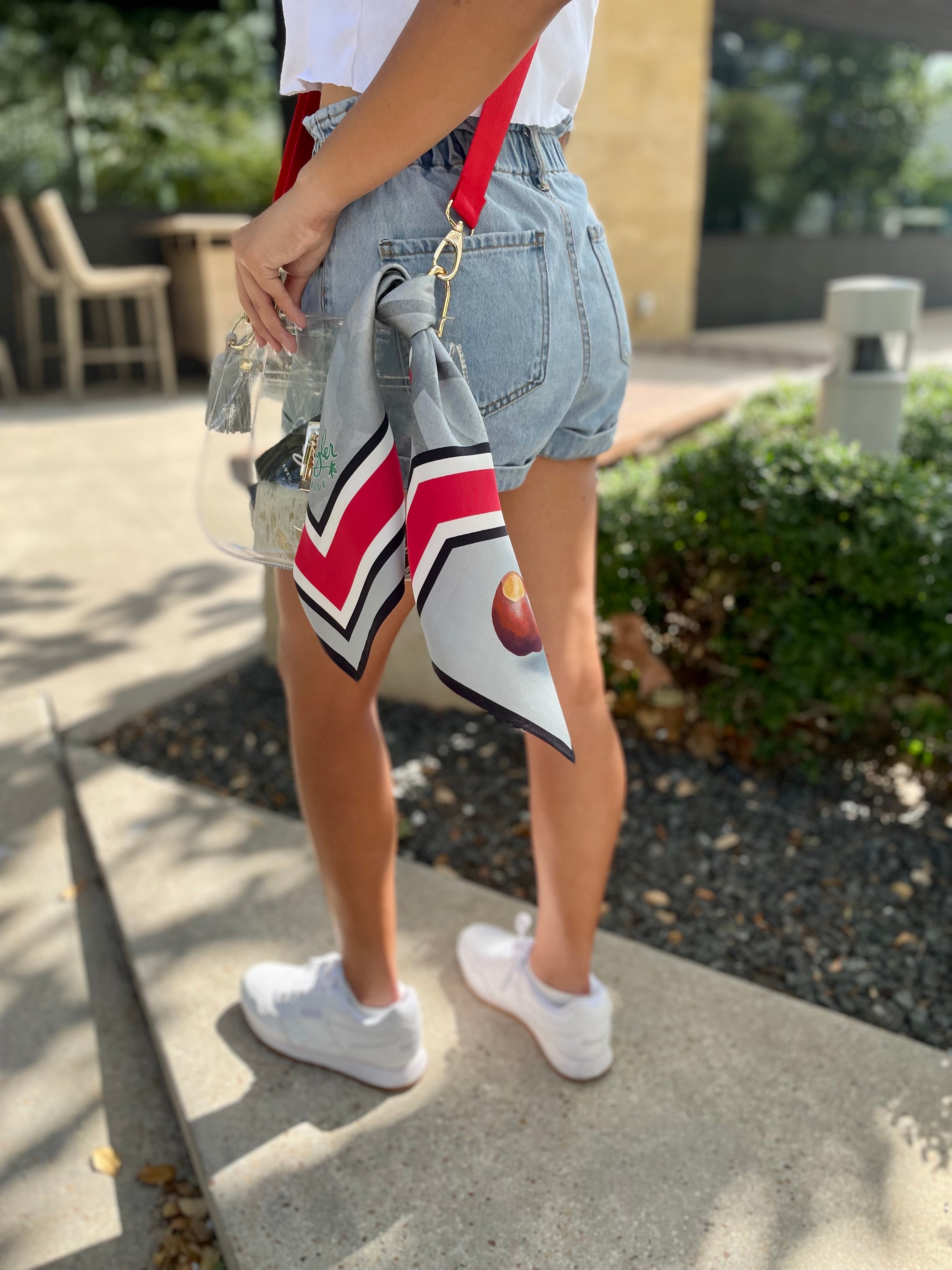 Model wearing Skyler Blue’s The Columbus Medium Saddle Clear Bag stadium approved clear bag / clear purse including adjustable, nylon webbing shoulder or crossbody strap with herringbone weave and gold hardware, 60-centimeter 100% silk twill scarf, and 100% genuine leather tassel. 