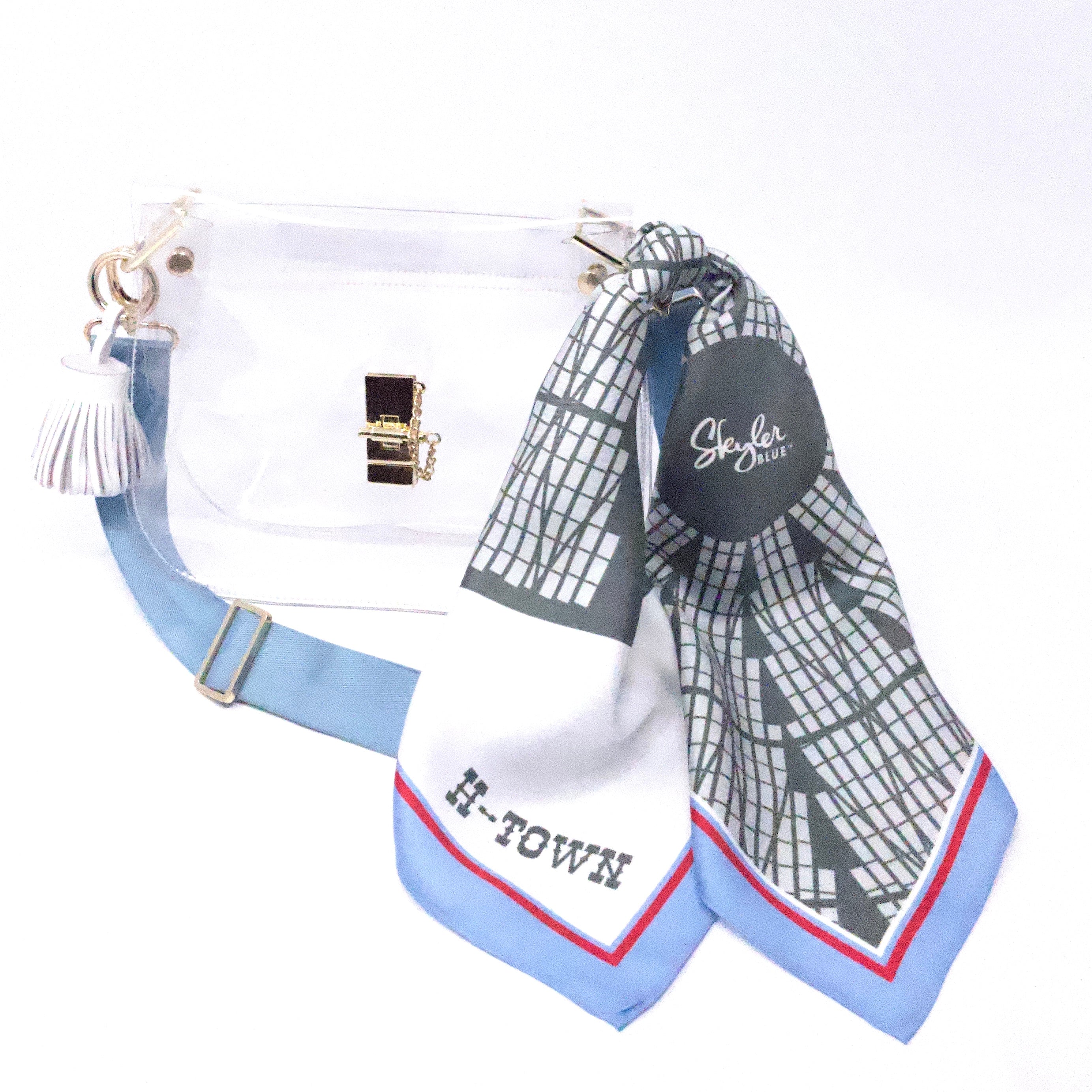 Skyler Blue’s The Dome - H-Town Medium Saddle Clear Bag stadium approved clear bag / clear purse including adjustable, nylon webbing shoulder or crossbody strap with herringbone weave and gold hardware, 60-centimeter 100% silk twill scarf, and 100% genuine leather tassel. 