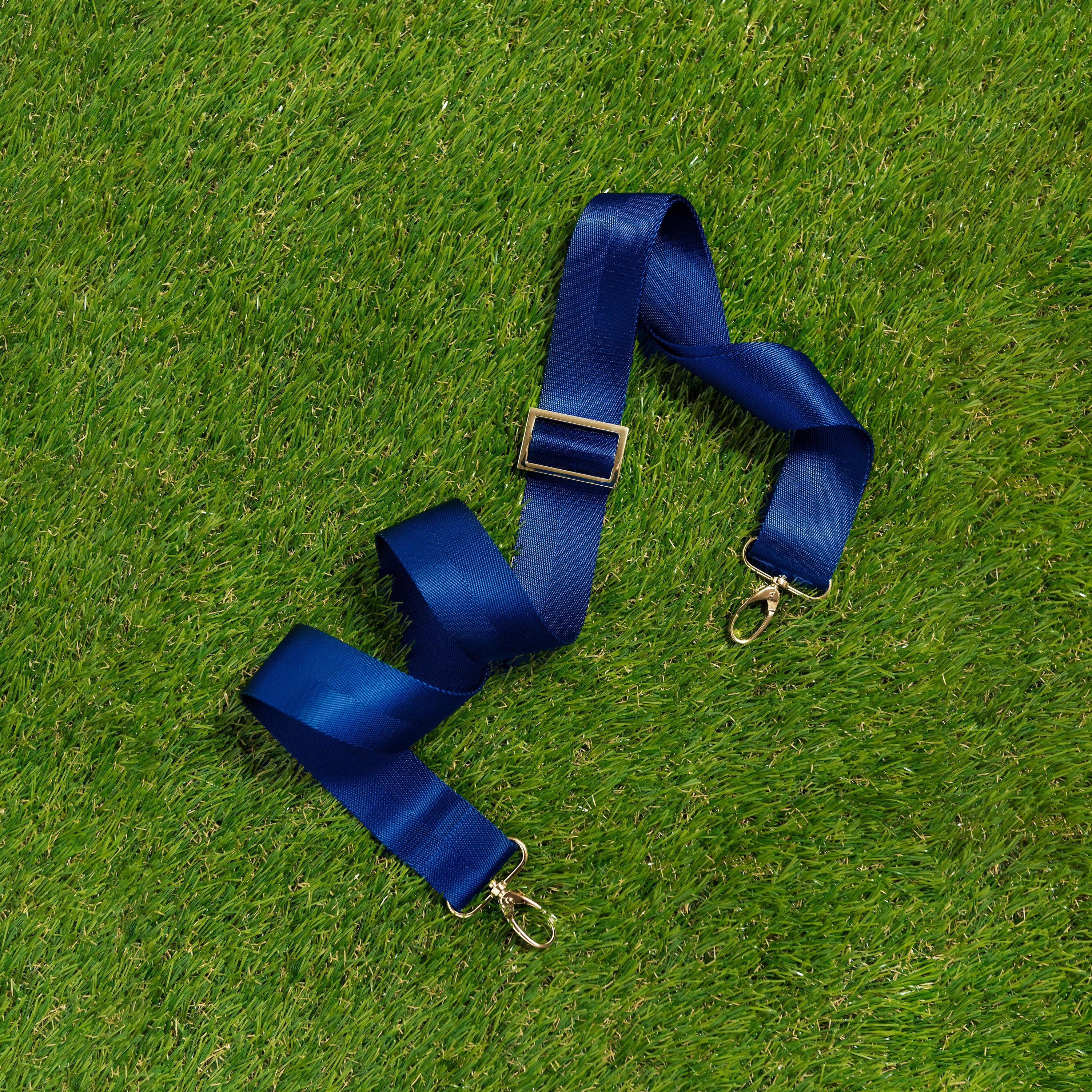 Skyler Blue’s adjustable, nylon webbing navy blue shoulder or crossbody strap with herringbone weave and gold hardware.  