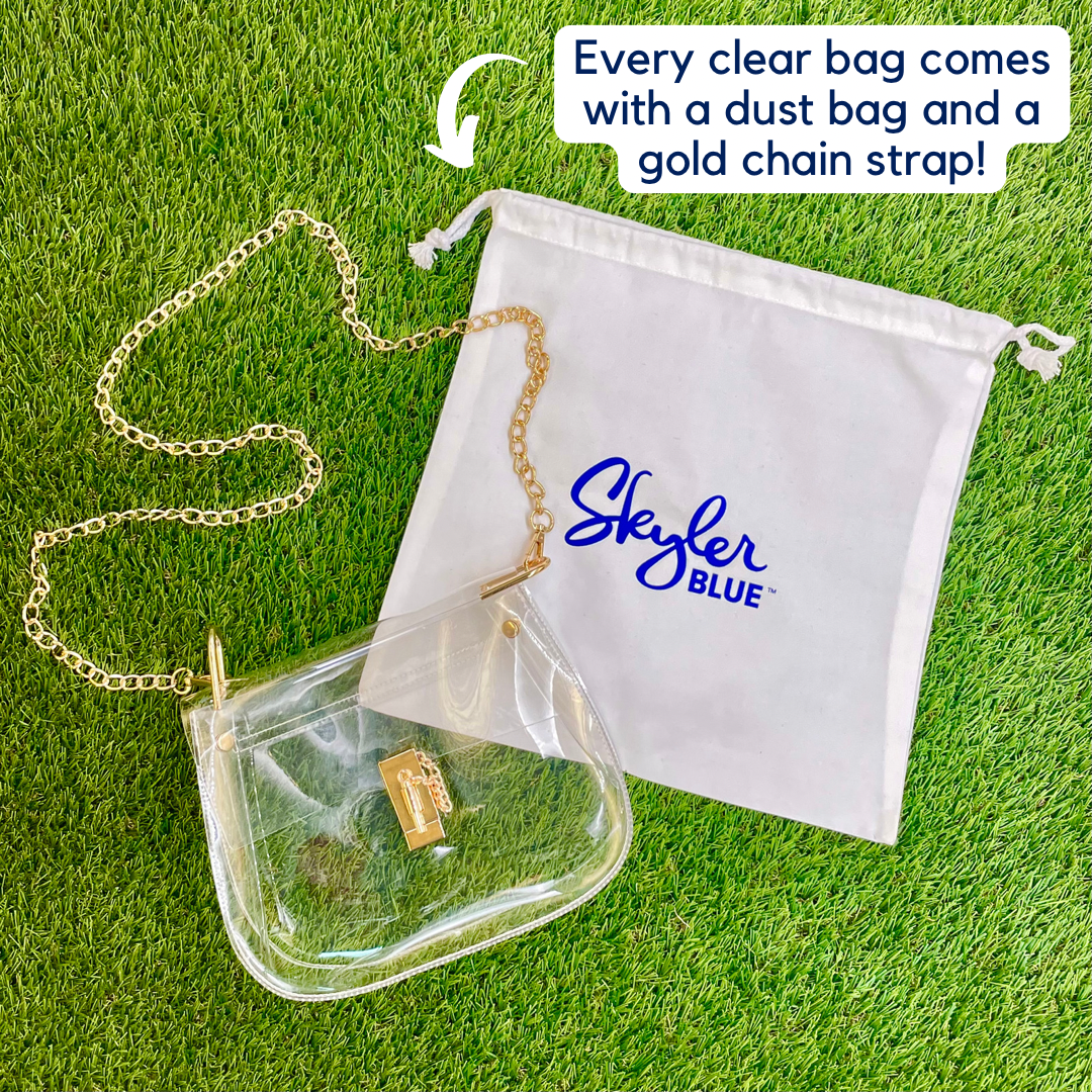Skyler Blue’s Medium Saddle Clear Bag stadium approved clear bag / clear purse.